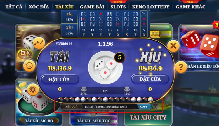 đoạn mã kết quả Tài Xỉu